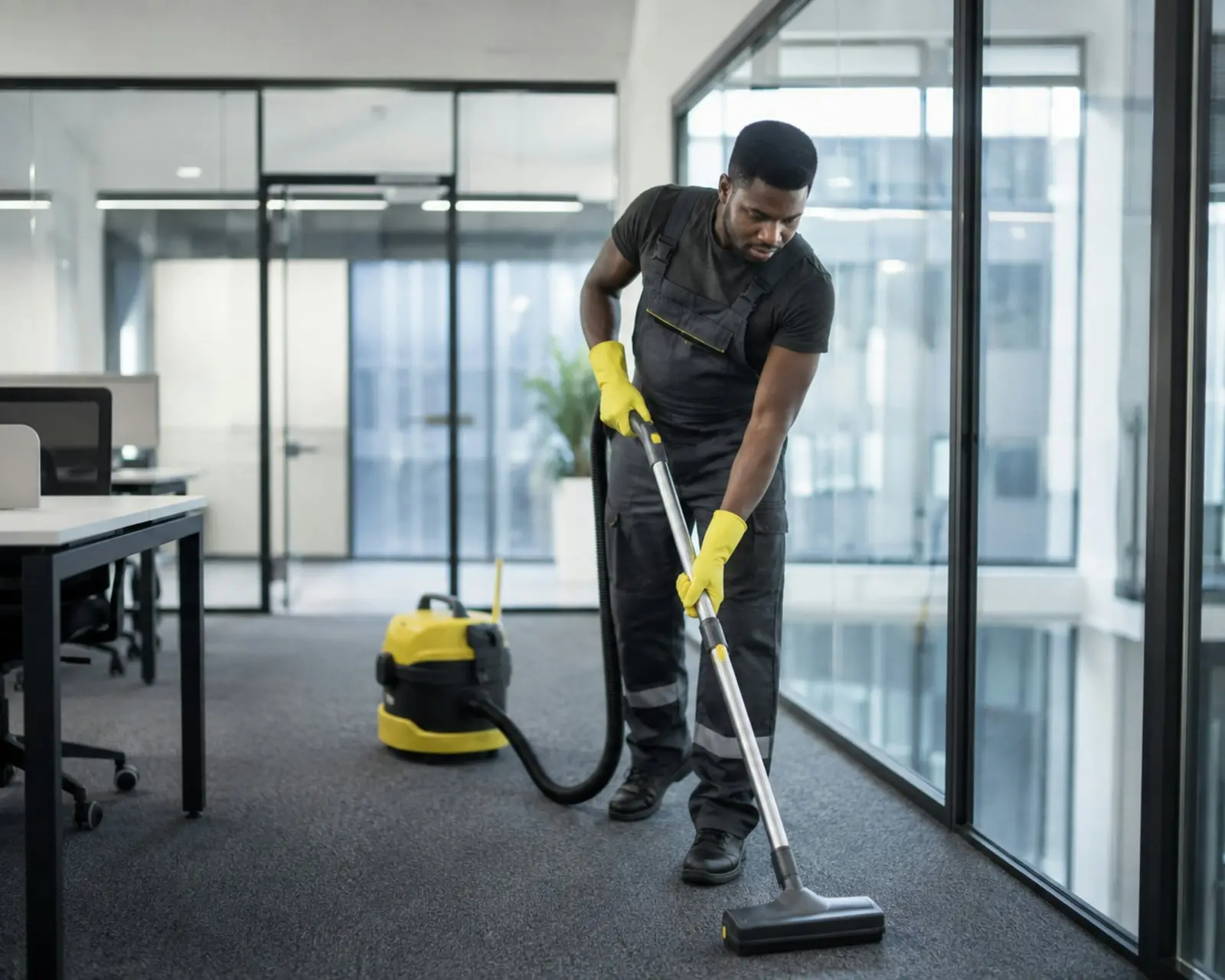 A Nightjar cleaner in yellow gloves and reflective work trousers vacuuming the carpet of a glass-walled office